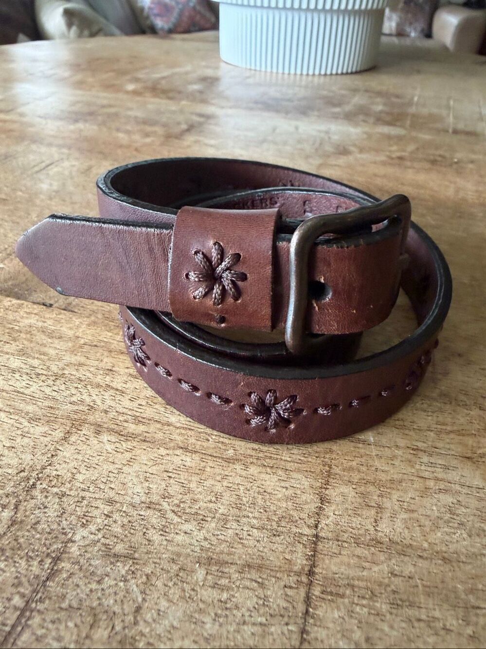 Dockers Brown Genuine Leather Belt Size S Floral Embroidered Vintage Style